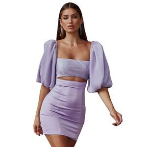Runway the Label Lenny Purple Lavendar Mini Dress in Iris Cut Out Puffed Sleeves
